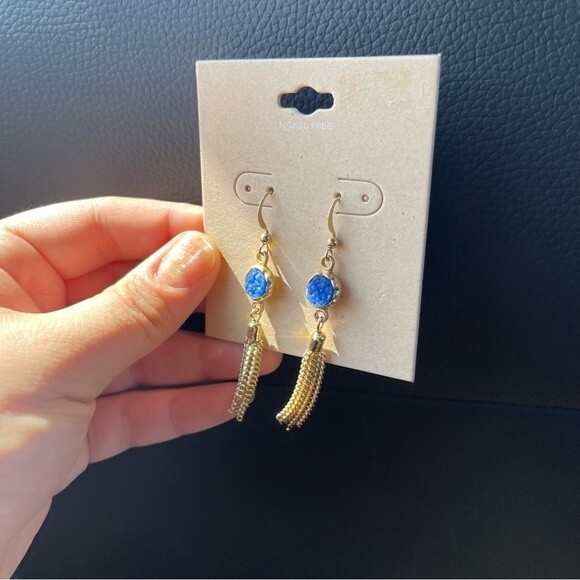Gold and blue nickel free drop down chain earrings  2.5 inches - Picture 3 of 8